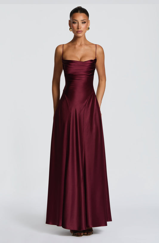 DERENIZEL | Isabella Cowl Neck Maxi Dress Cherry Lacquer