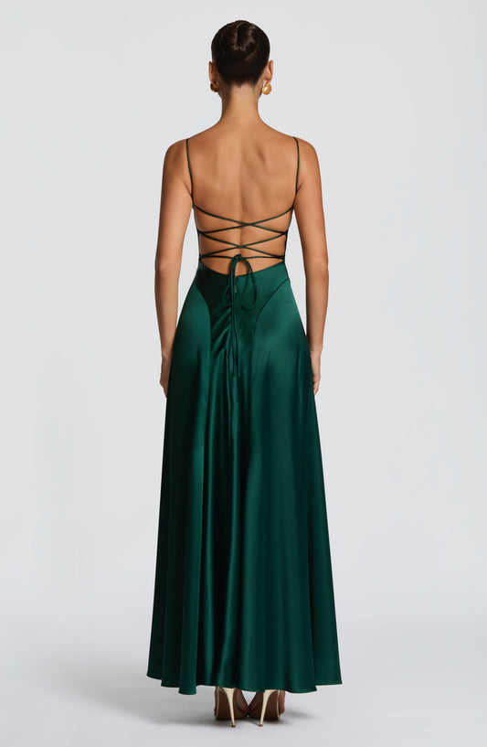 DERENIZEL | Isabella Maxi Dress Emerald Lace-Up Back
