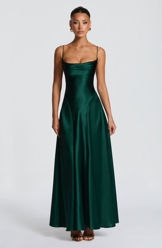 DERENIZEL | Isabella Maxi Dress Emerald Lace-Up Back