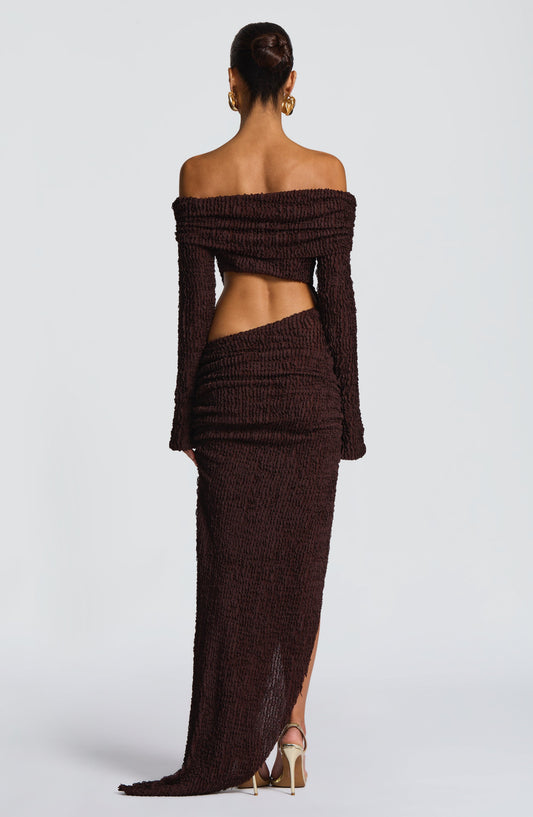 DERENIZEL | Adelisse Bardot Midi Dress Plum Brown