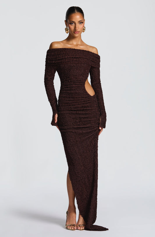 DERENIZEL | Adelisse Bardot Midi Dress Plum Brown