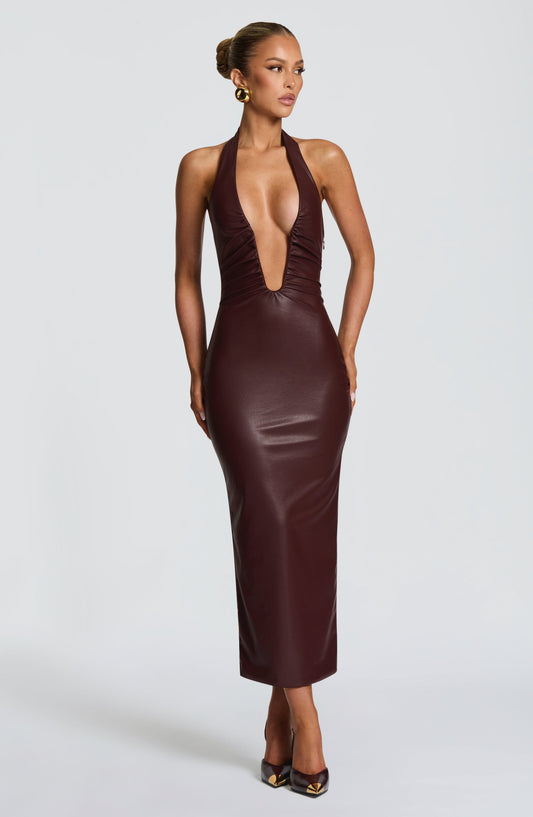 DERENIZEL | Ainselle Faux Leather Midi Dress Burgundy