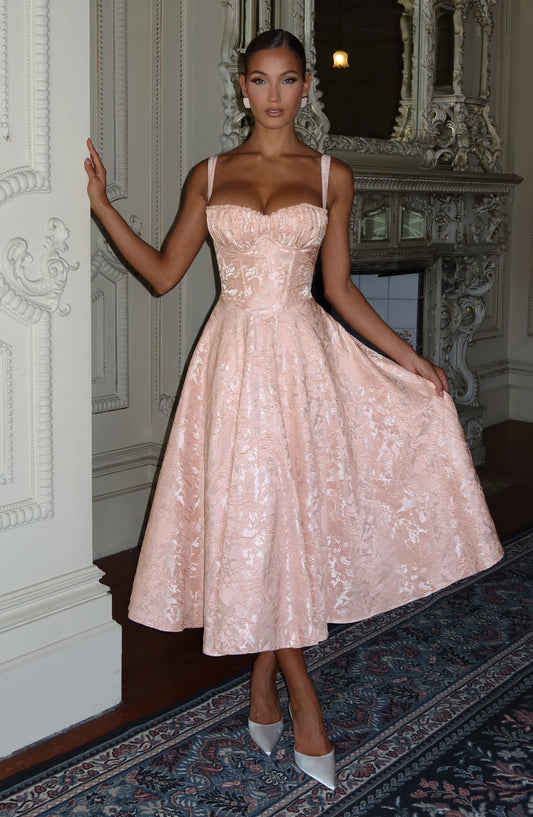DERENIZEL | Amoria Jacquard Midi Dress Soft Peach