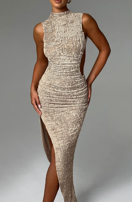 DERENIZEL | Aphira Open Back Midi Dress Beige
