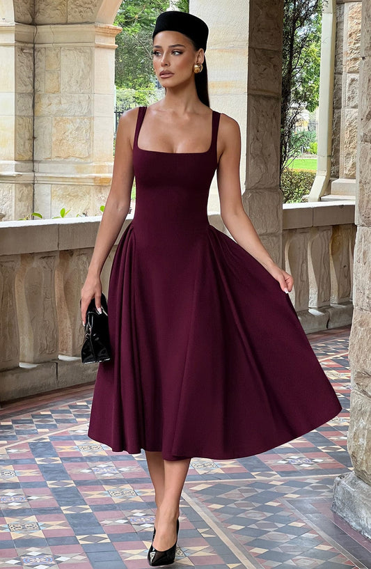 DERENIZEL | Bettina Square Neck Midi Dress Cherry Lacquer