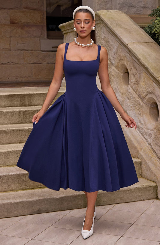 DERENIZEL | Bettina Crepe Midi Dress Navy