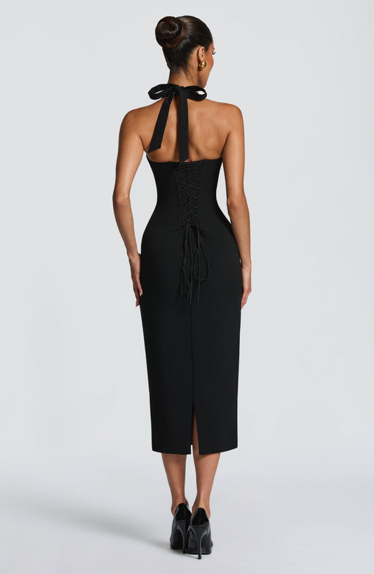 DERENIZEL | Cassira Lace Trim Midi Dress Black
