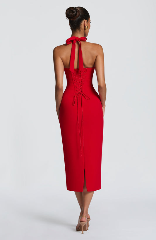 DERENIZEL | Cassira Lace Trim Midi Dress Red