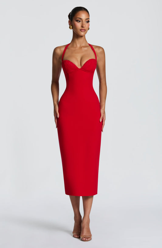 DERENIZEL | Cassira Lace Trim Midi Dress Red