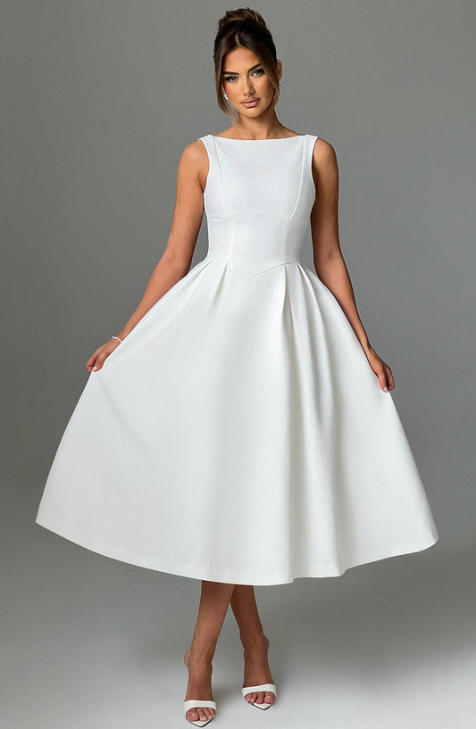 DERENIZEL | Clarisse Boat Neck Midi Dress Ivory