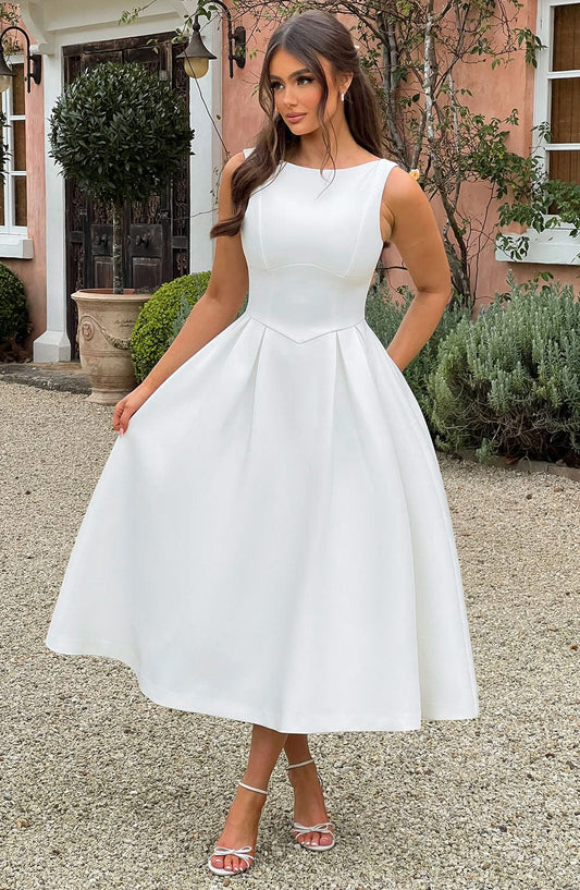 DERENIZEL | Clarisse Boat Neck Midi Dress Ivory