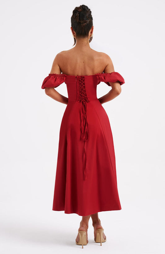 DERENIZEL | Coralie Milkmaid Midi Dress Red