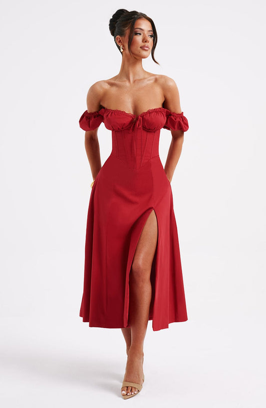 DERENIZEL | Coralie Milkmaid Midi Dress Red