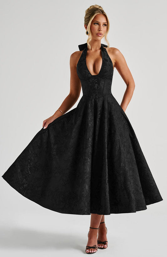 DERENIZEL | Evaria Halter Midi Dress Black