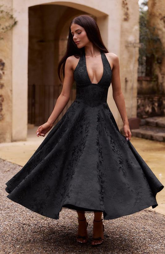 DERENIZEL | Evaria Halter Midi Dress Black