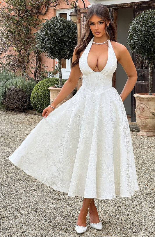 DERENIZEL | Evaria Jacquard Midi Dress Ivory