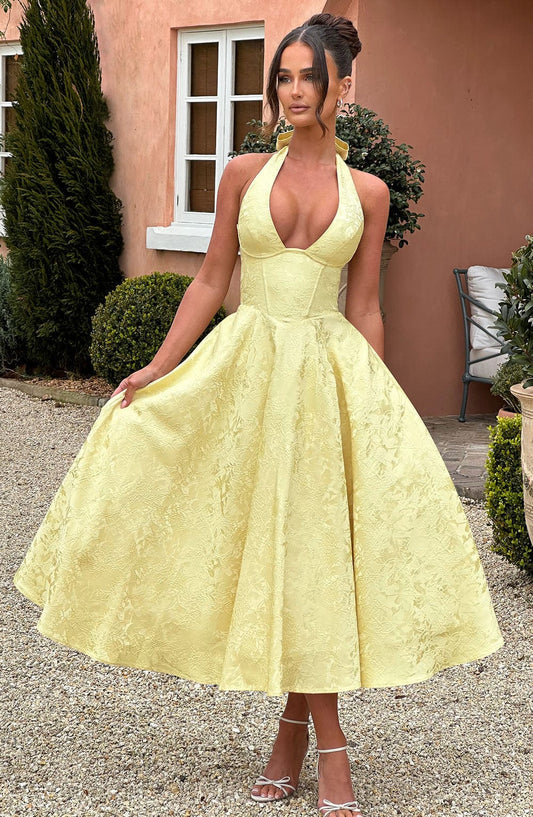 DERENIZEL | Evaria Halter Midi Dress Lemon