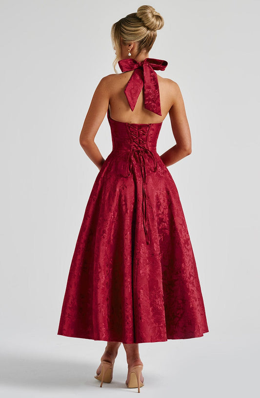 DERENIZEL | Evaria Jacquard Midi Dress Red