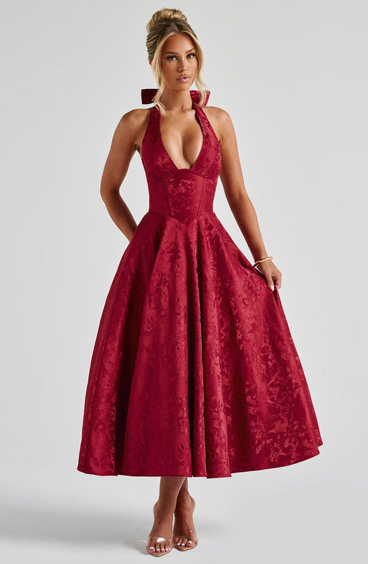 DERENIZEL | Evaria Jacquard Midi Dress Red