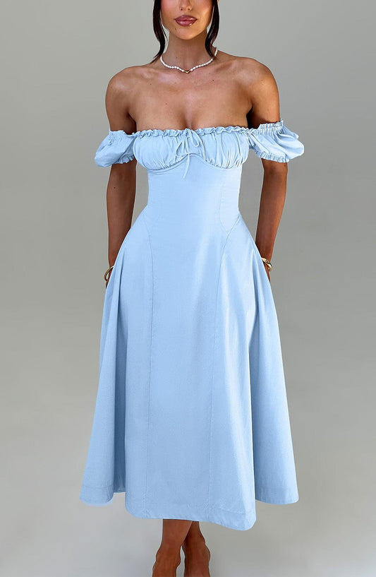 DERENIZEL | Elowen Ruched Midi Dress Blue