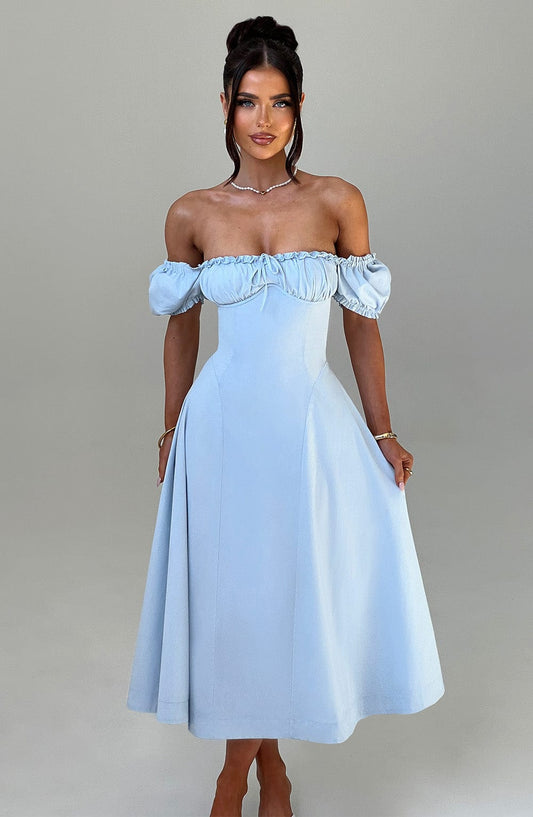 DERENIZEL | Elowen Ruched Midi Dress Blue