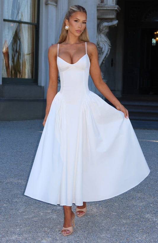 DERENIZEL | Emirelle Lace-Up Midi Dress Ivory