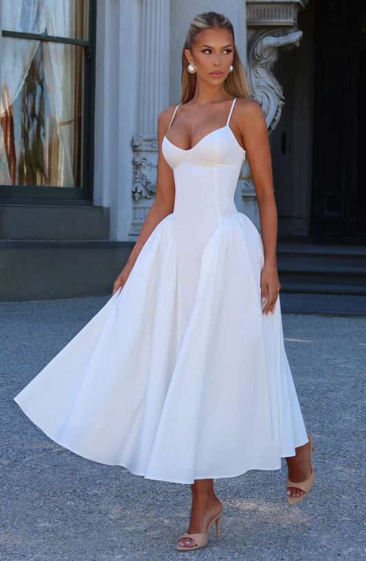 DERENIZEL | Emirelle Lace-Up Midi Dress Ivory