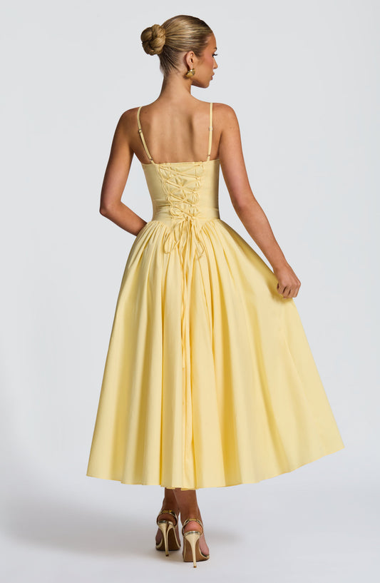 DERENIZEL | Emirelle Lace-Up Midi Dress Lemon
