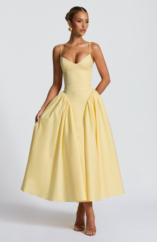 DERENIZEL | Emirelle Lace-Up Midi Dress Lemon