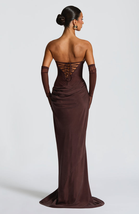 DERENIZEL | Elara Strapless Cowl Neck Maxi Dress Plum Brown