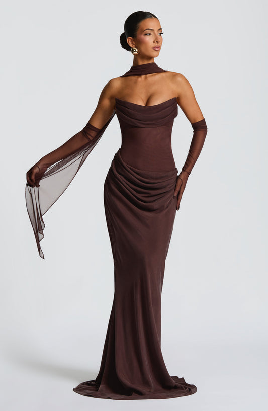 DERENIZEL | Elara Strapless Cowl Neck Maxi Dress Plum Brown